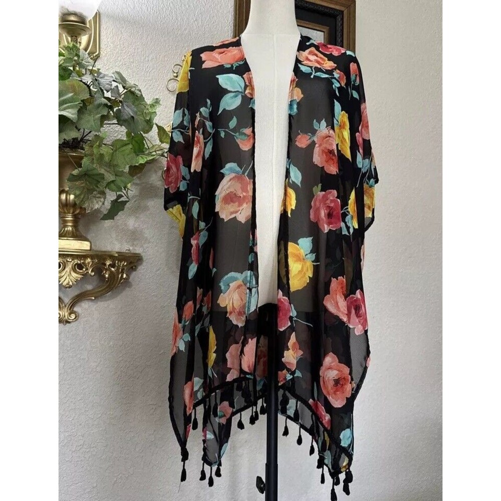 Tasseled  Women’s Sheer Cardigan Kimono Coverup Floral Hawaiian Colorful One Sz